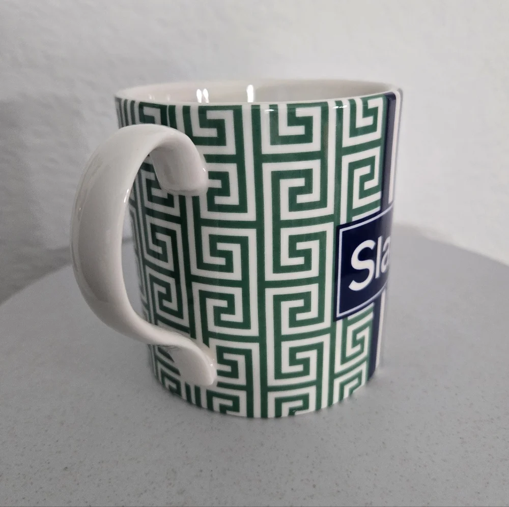 Jonathan Adler Slate Greek Key Pattern and Racing Stripe Coffee Mug Tea Cup